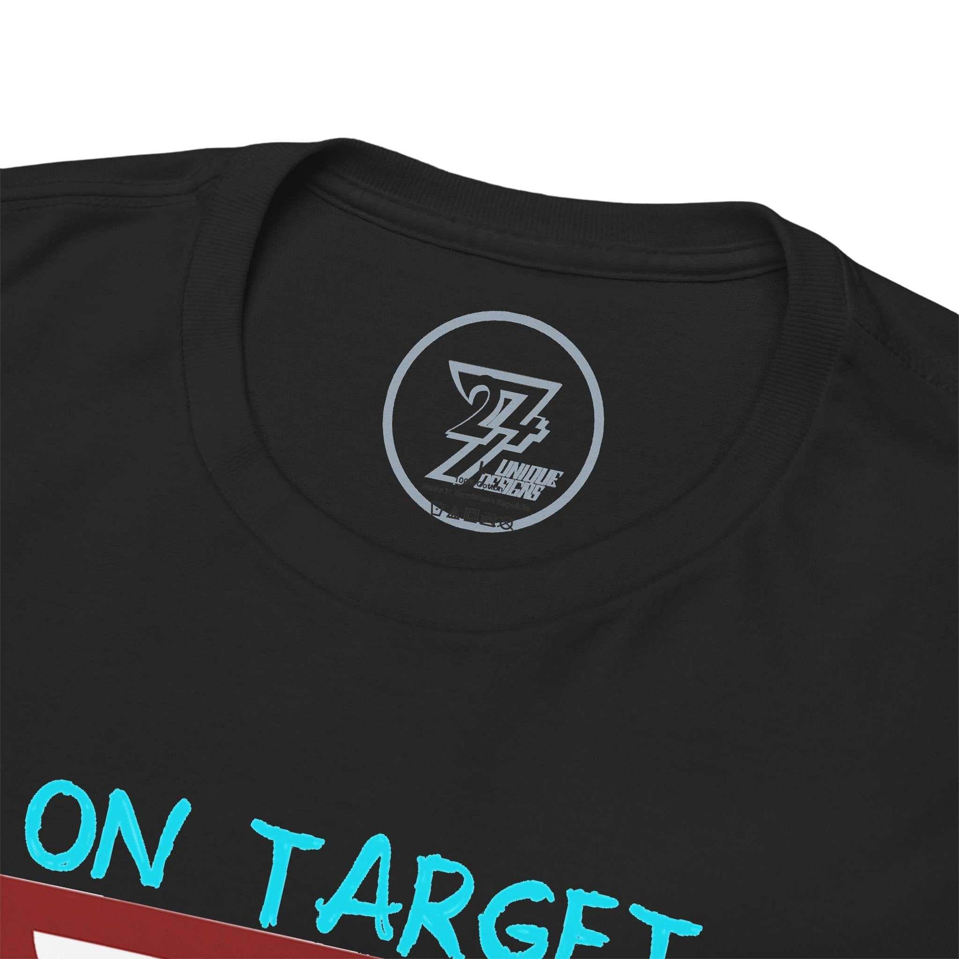 Close-up of the ribbed knit collar on the black pub sports clothing tee, clearly showing the official 24/7 Unique Designs trademark logo inner label branding.