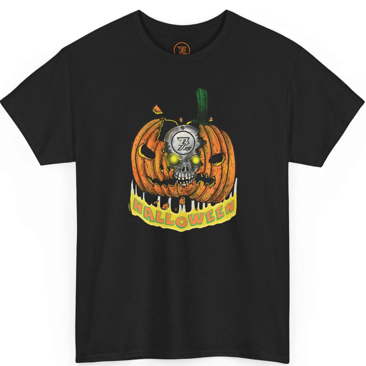 Front view of a sleek black Pumpkin Skull Halloween Tee highlighting the glowing digital skull art, displayed on a clean background.