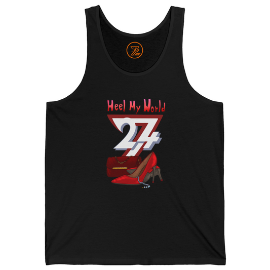 Solid black retail therapy shirt for women displaying a chic red high heel and purse graphic.
