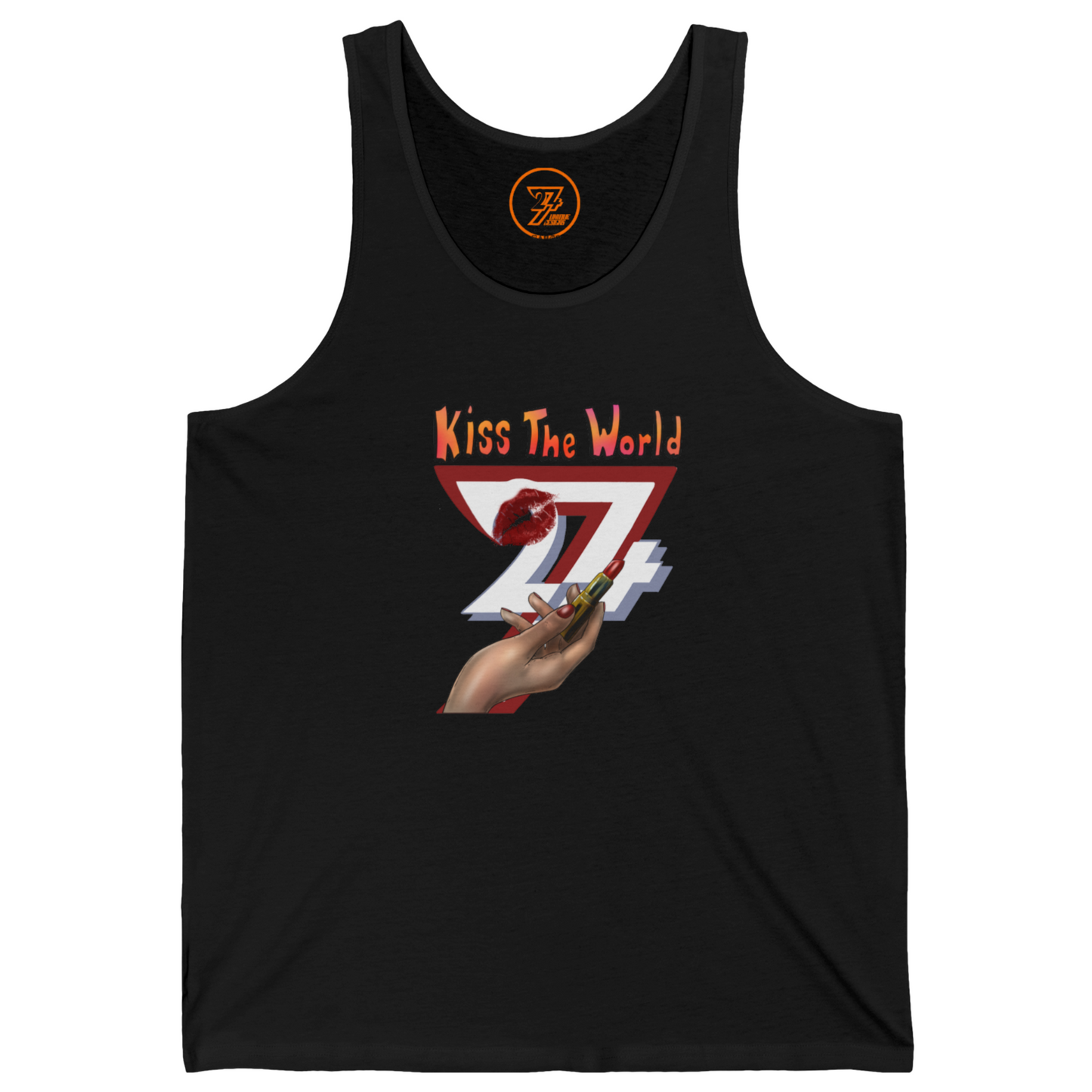 Solid black chic retro shirt for women displaying a hand holding lipstick and a red lip print.