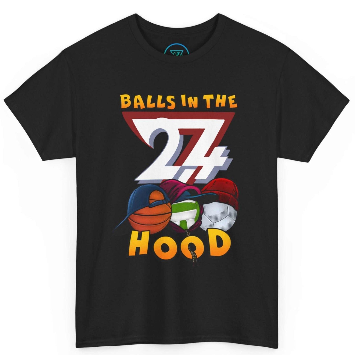 Flat lay of the black retro streetwear tee featuring the custom sports ball illustration.