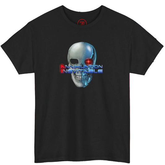 Front view of a black sci-fi cyberpunk graphic t-shirt by 24/7 Unique Designs featuring a cyborg skull.