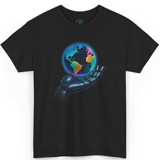 Front view of a black sci-fi futuristic graphic t-shirt by 24/7 Unique Designs featuring a cybernetic hand.