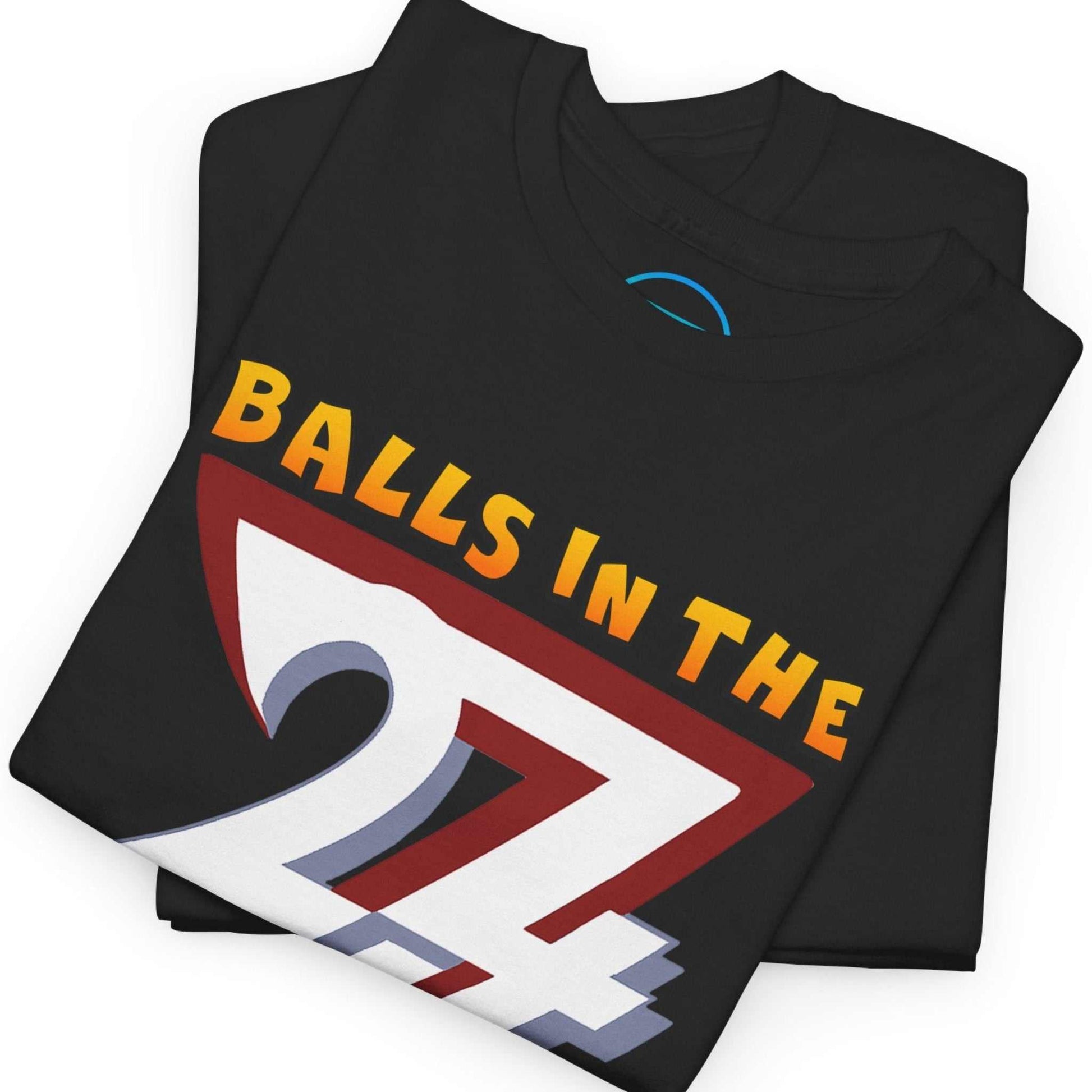 Close up detailing the text art on the black 24/7 shirt.