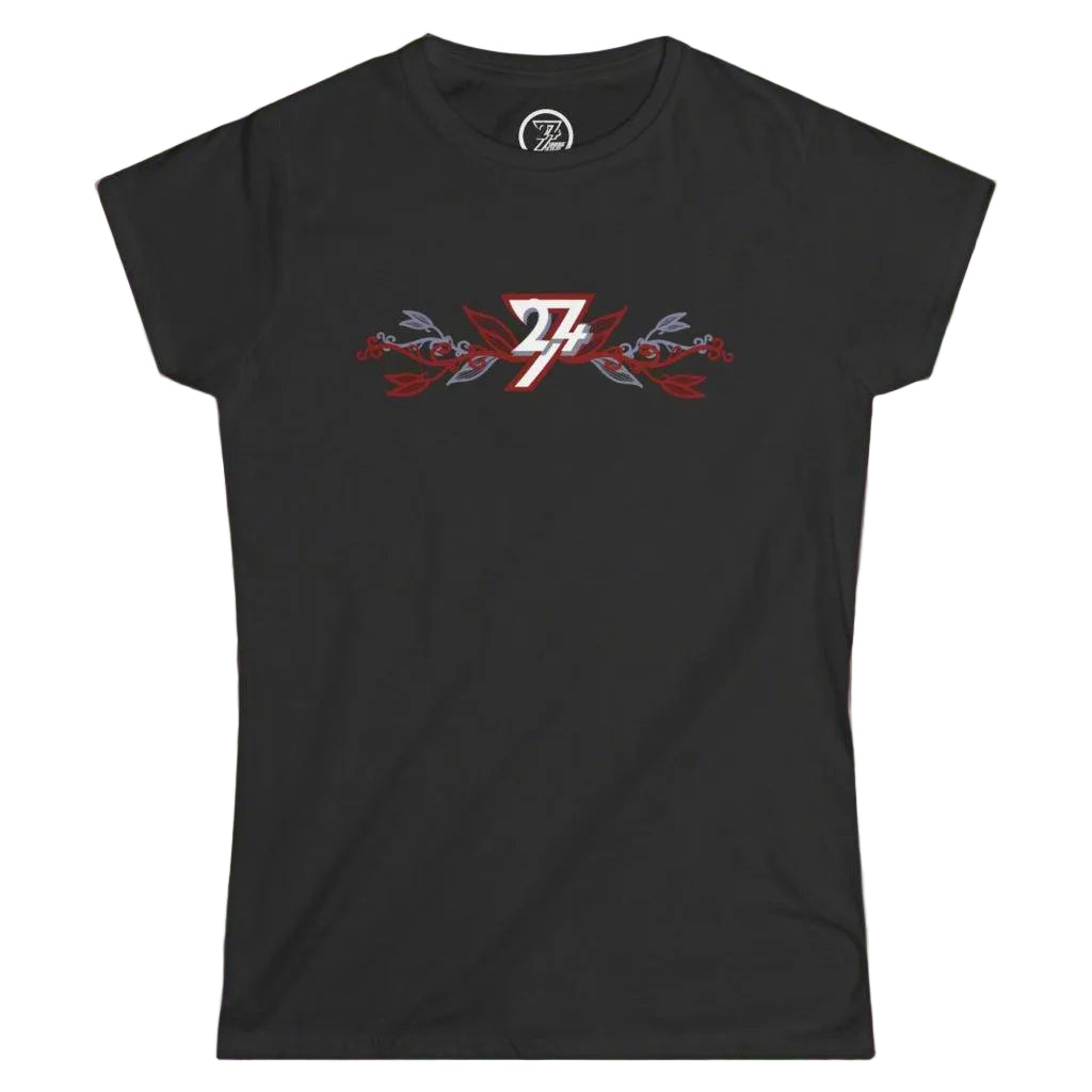 Black women's short sleeve shirt showcasing a horizontal floral and logo illustration.