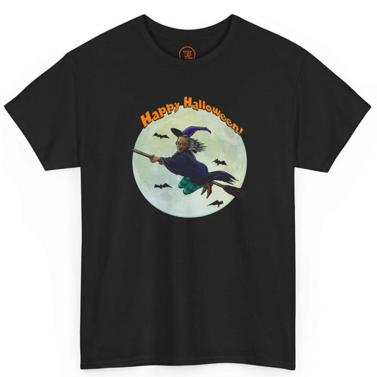 Front view of a black spooky Halloween graphic t-shirt by 24/7 Unique Designs featuring a flying witch.