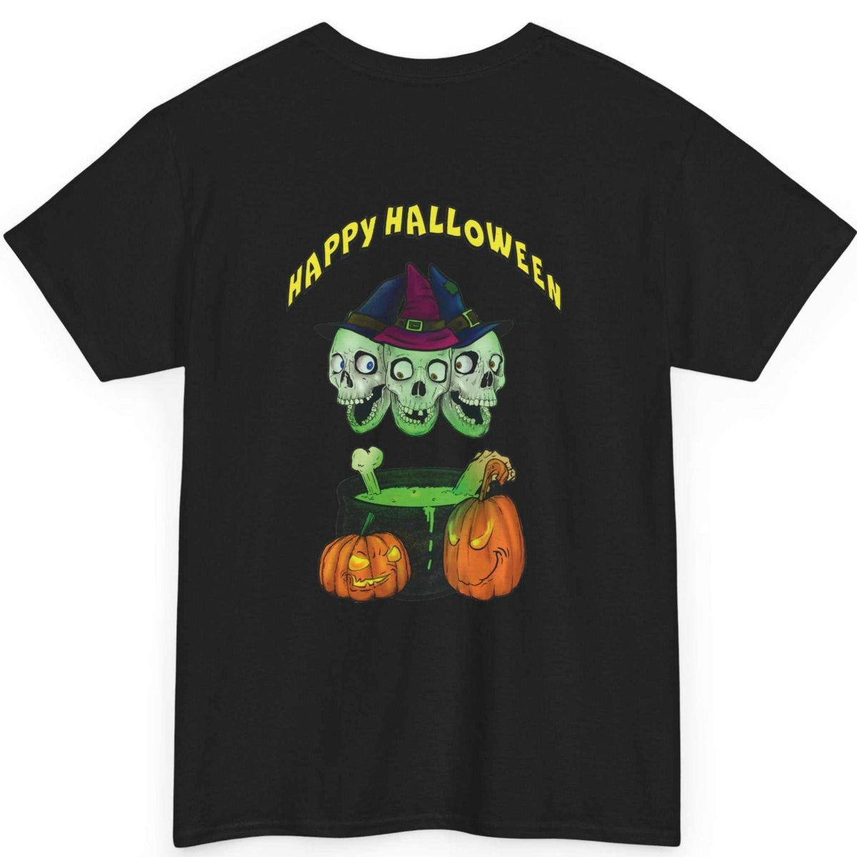 Back view of the black spooky skulls t-shirt showcasing the vibrant skulls graphic, laid flat on a clean background.