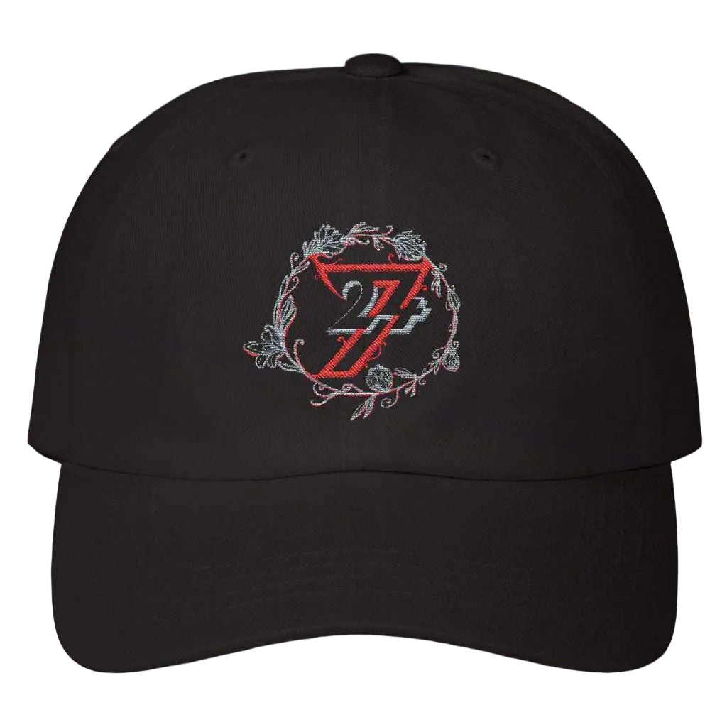 Solid black spun fiber unisex cap displaying the red and white flower artwork.