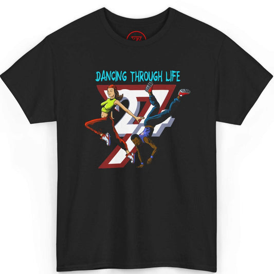 Front view of a sleek black 90s street dance crew graphic tee featuring the hand-drawn Dancing Through Life art, displayed on a clean background.