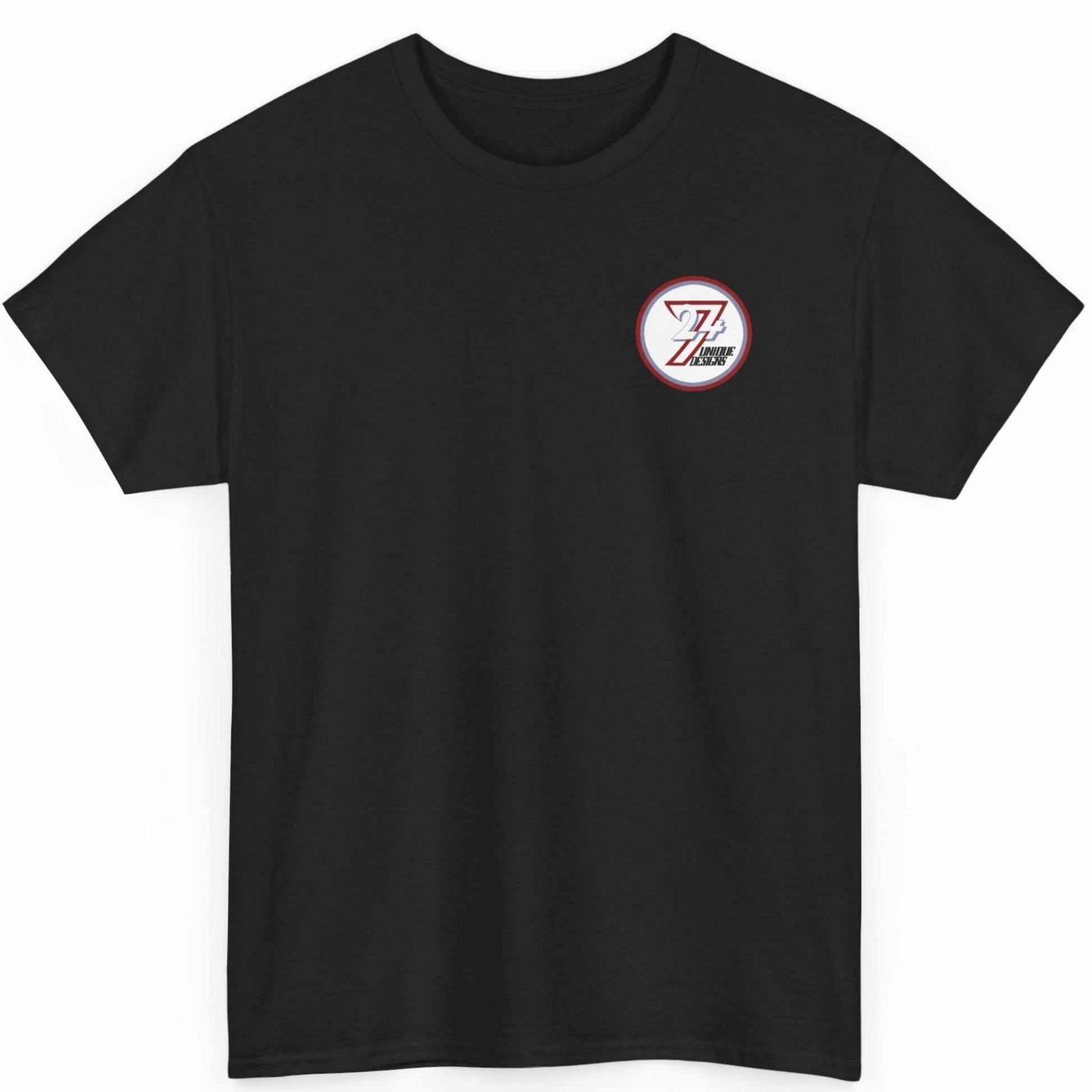 Front view of a black superhero fan gift shirt showcasing the clean left-chest comic creator logo.