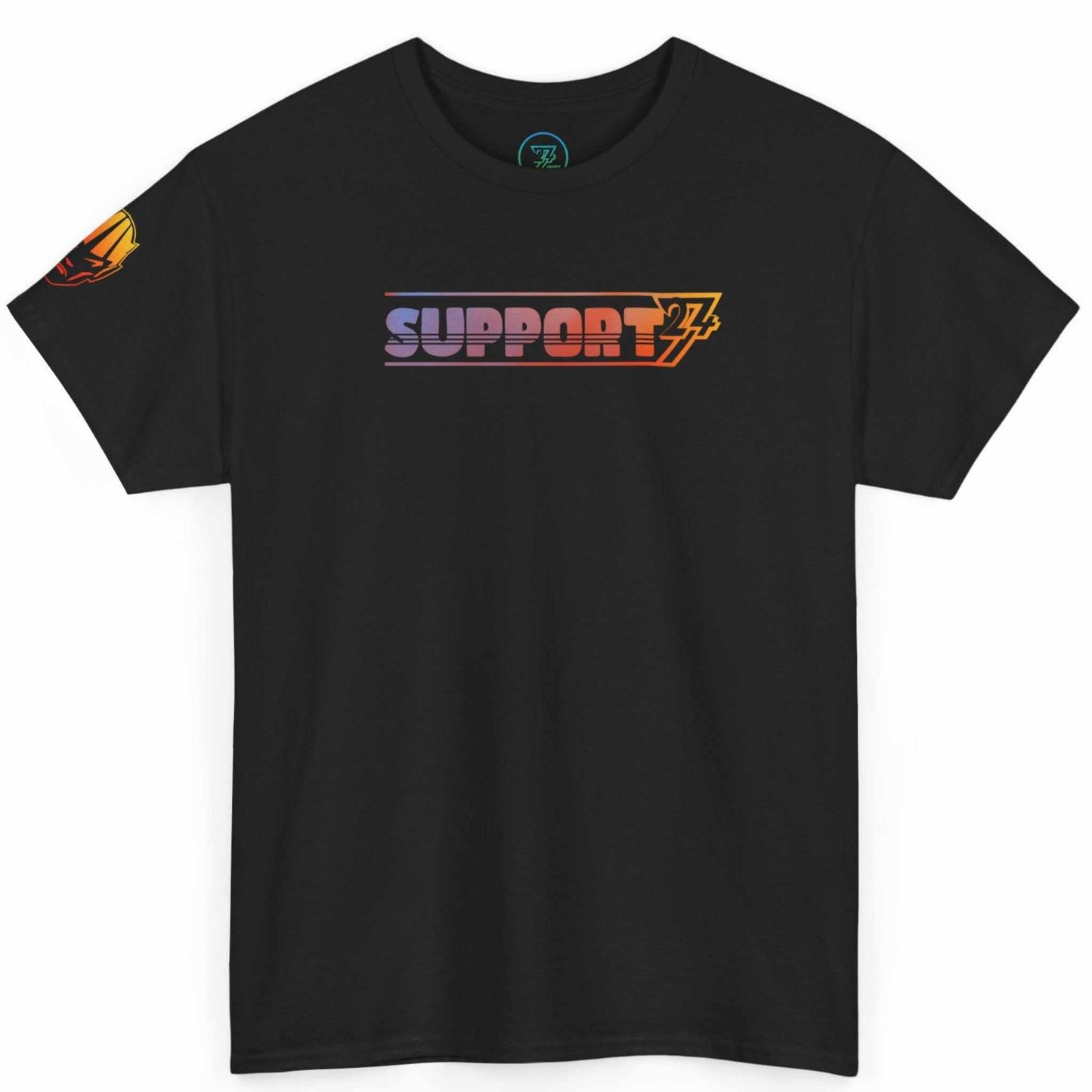 Front view of a black support professional graphic t-shirt by 24/7 Unique Designs featuring gradient typography.