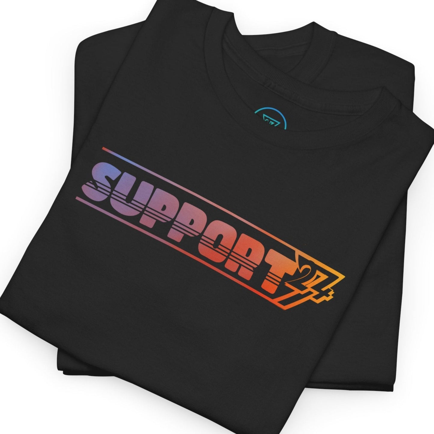 Zoomed in view of the support 24/7 print on the black premium t-shirt.