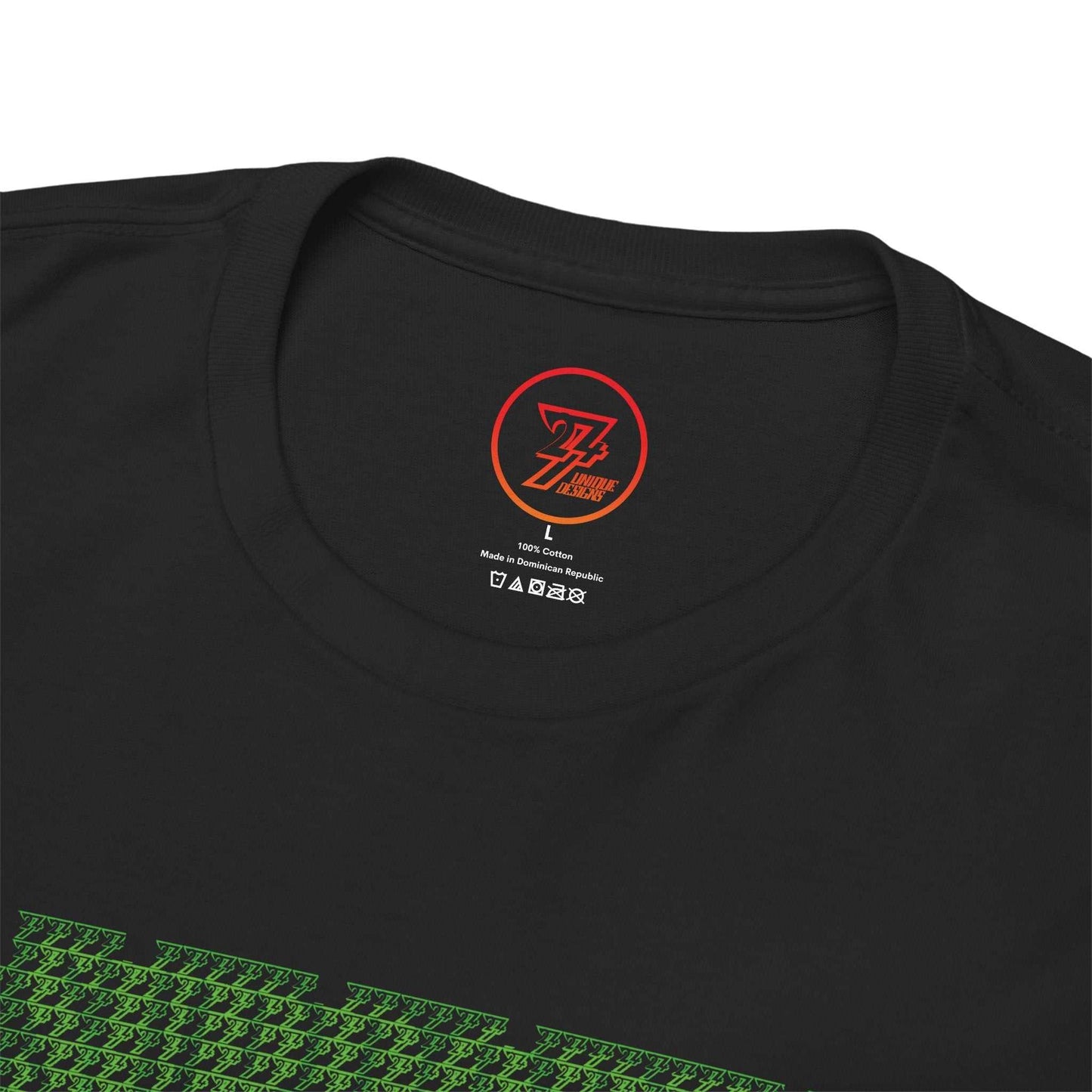 Close up of the shape-retaining ribbed knit neckline on the black tech apparel top.