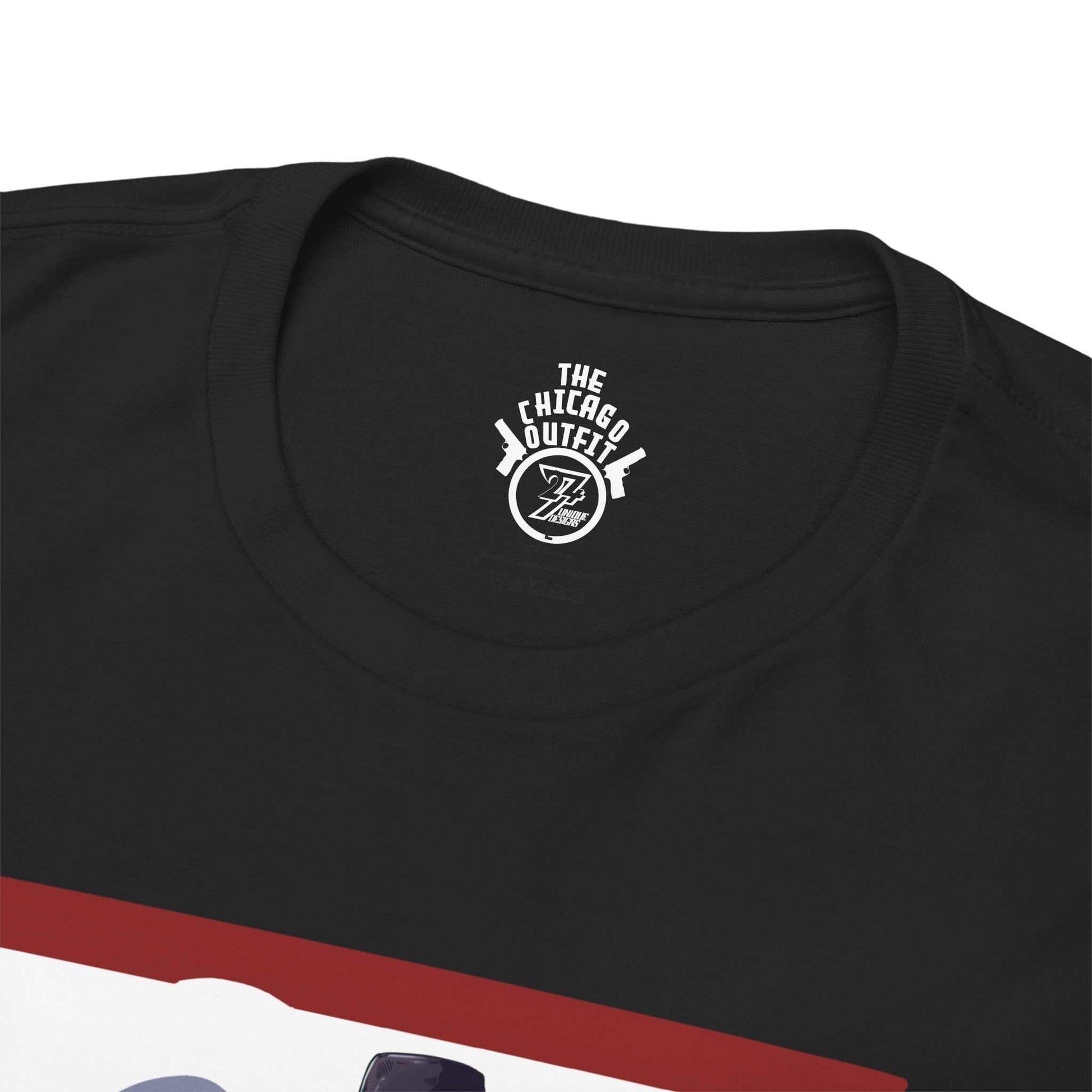 Close up of the inner collar on the black tee, revealing the exclusive white The Chicago Outfit twin pistol brand identifier.