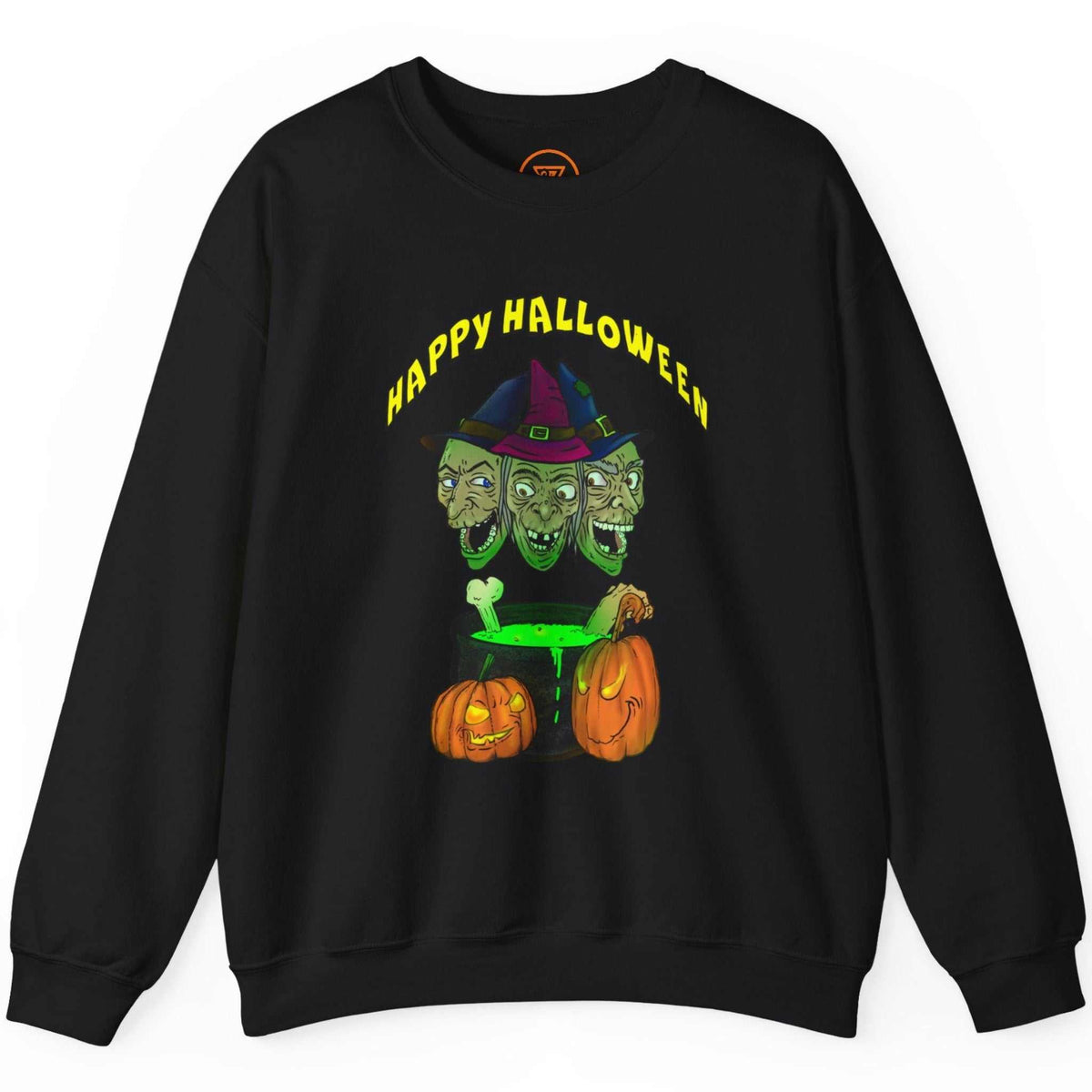Front view of a sleek black trick or treat sweatshirt showcasing the bold witches artwork, displayed on a clean background.