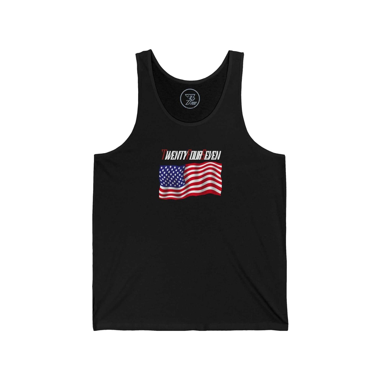 Solid black women's jersey tank top featuring the TwentyFourSeven brand text over a hand-drawn US flag.