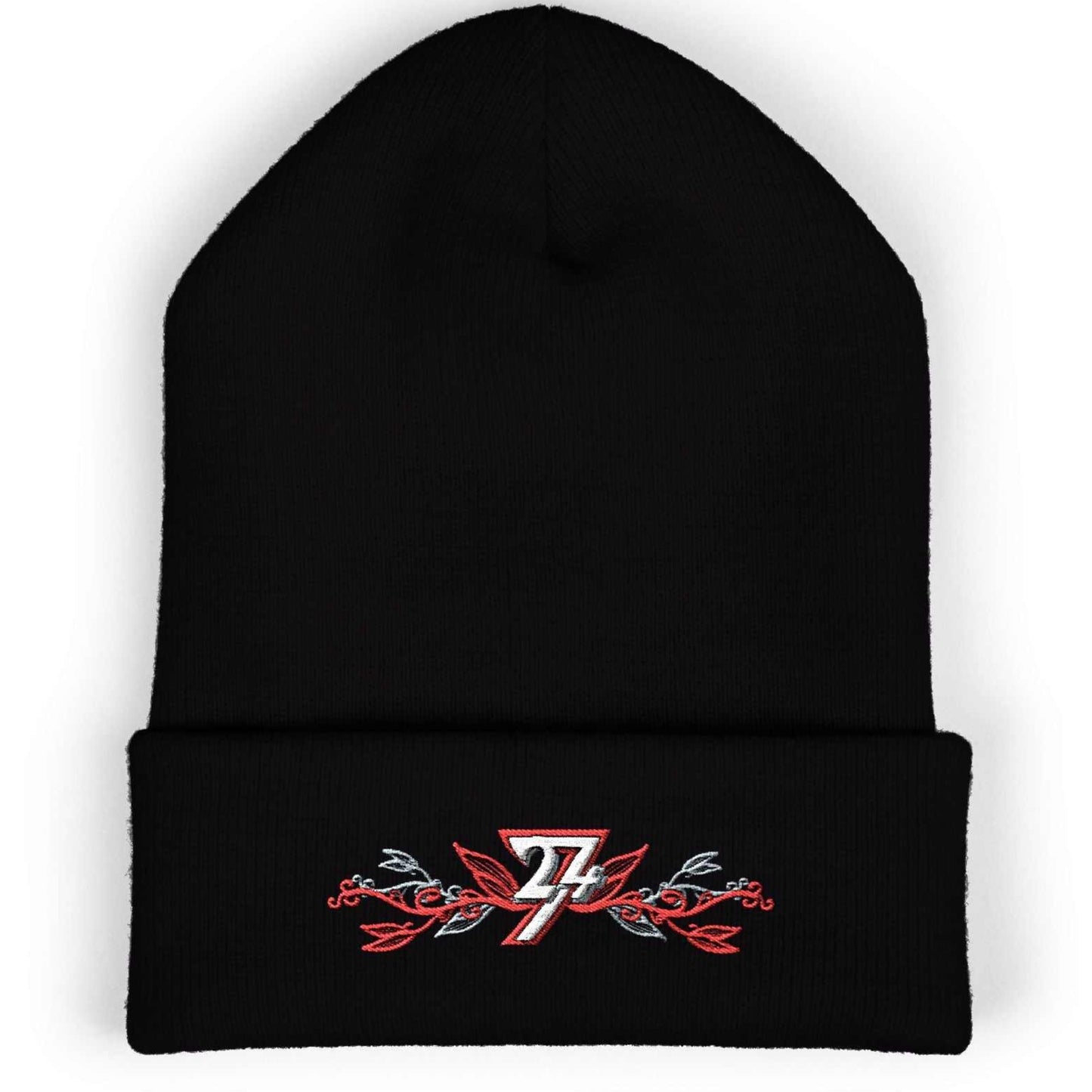 Solid black unique casual beanie with striking red and white embroidered floral vines and 24/7 text.