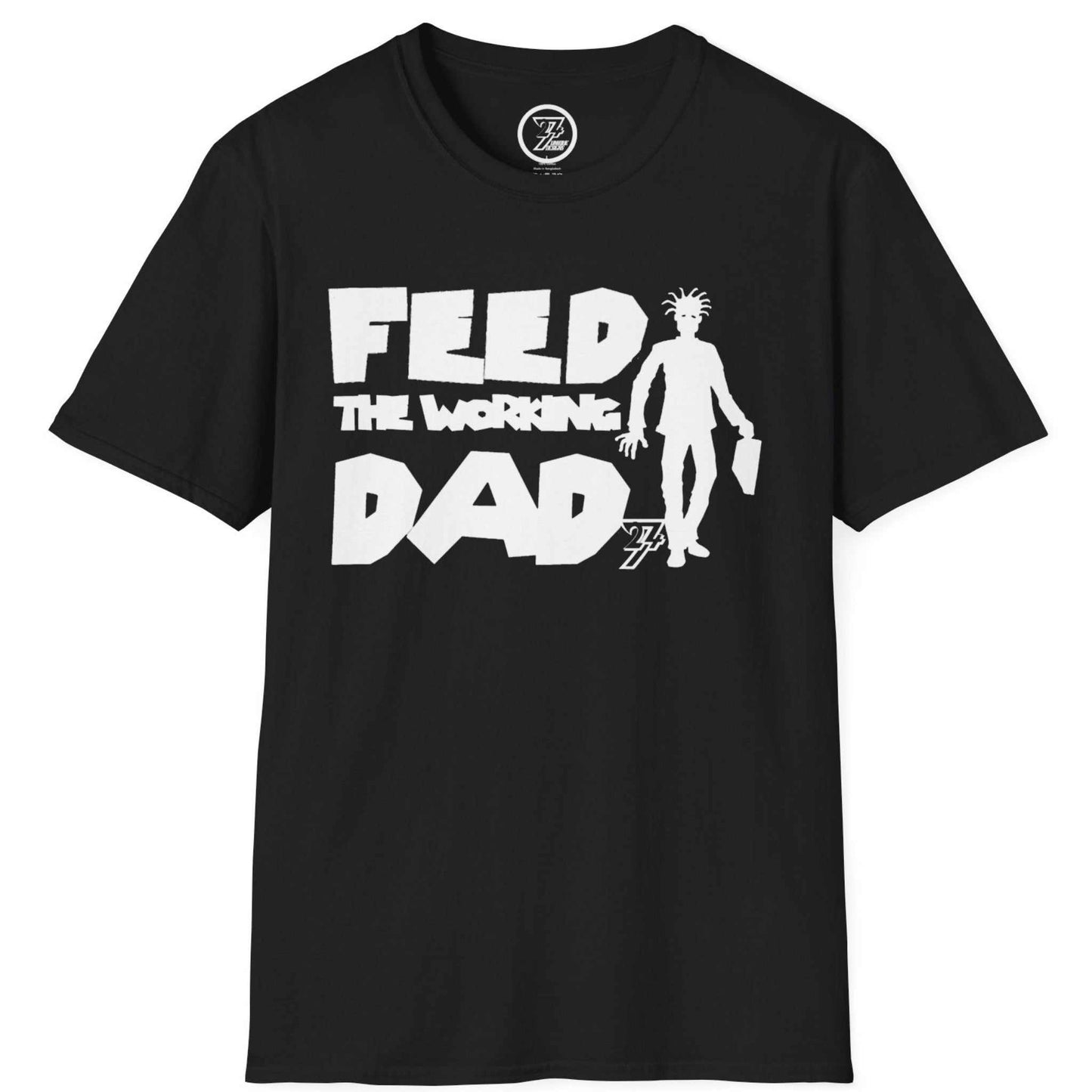 Black unique comic art Father's Day gift shirt highlighting the striking white corporate zombie graphic, laid flat.