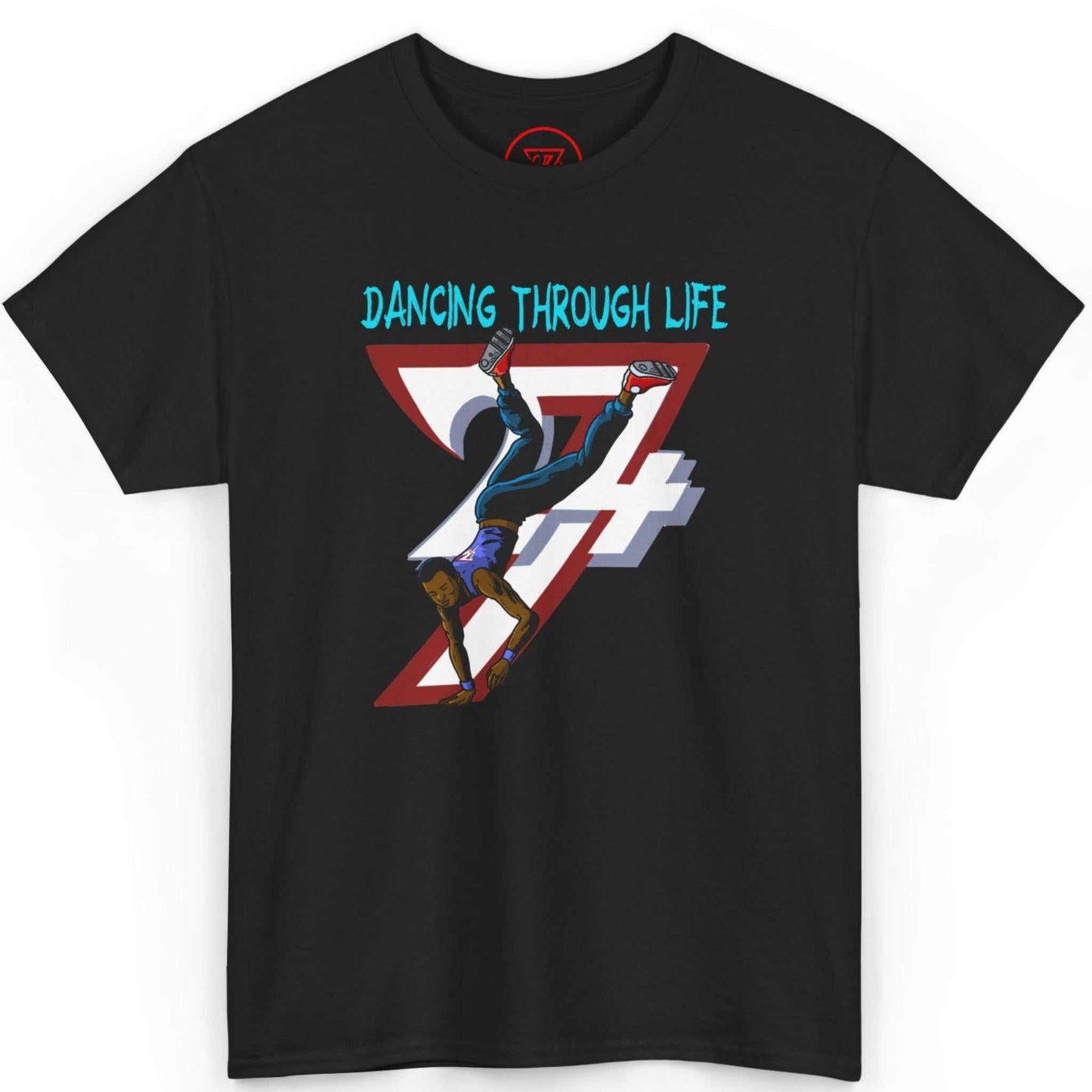 Front view of a sleek black urban street dance graphic tee featuring the hand-drawn Dancing Through Life b-boy graphic, displayed on a clean background.