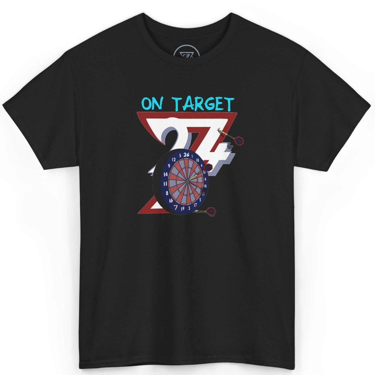 Front view of a black vintage darts graphic tee featuring the hand-drawn sketch-style dartboard art, displayed on a clean background.