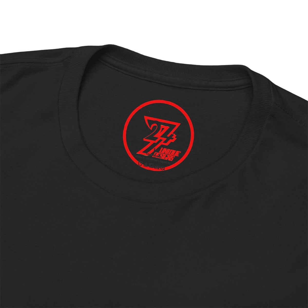 Close-up of the ribbed knit collar on the black vintage Ferrari F40 shirt, clearly showing the unique red 24/7 Unique Designs trademark inner label.