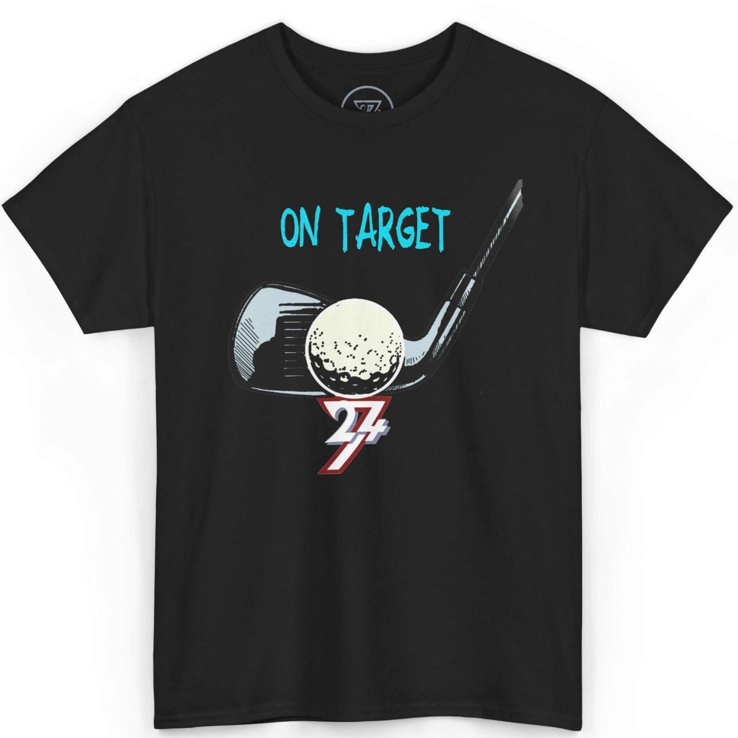 Front view of a sleek black vintage golf graphic tee highlighting the vibrant On Target illustration, displayed on a clean background.