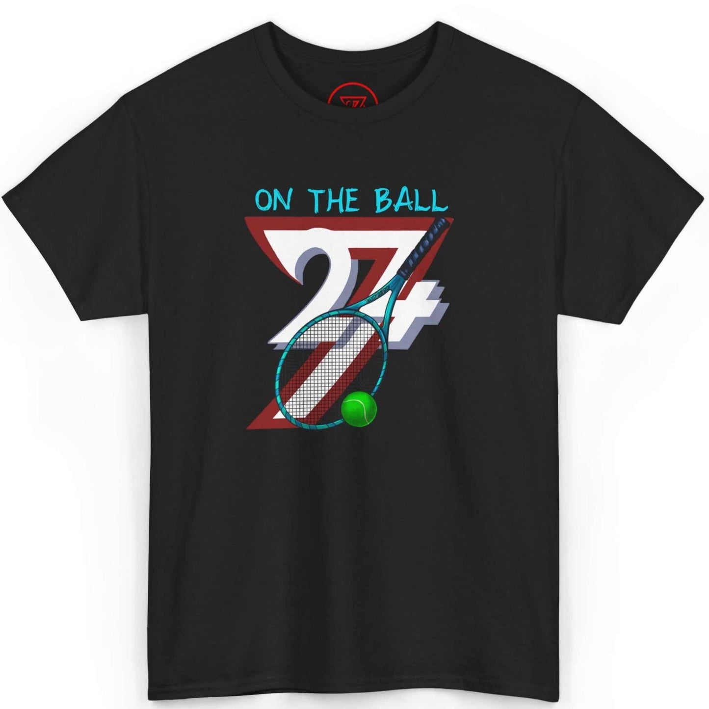Front view of a black vintage tennis graphic tee featuring the hand-drawn 90s racket and ball design, displayed on a clean background.