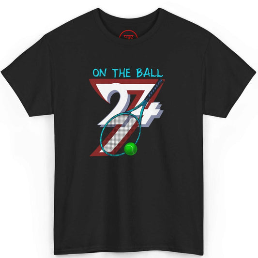 Front view of a black vintage tennis graphic tee featuring the hand-drawn 90s racket and ball design, displayed on a clean background.