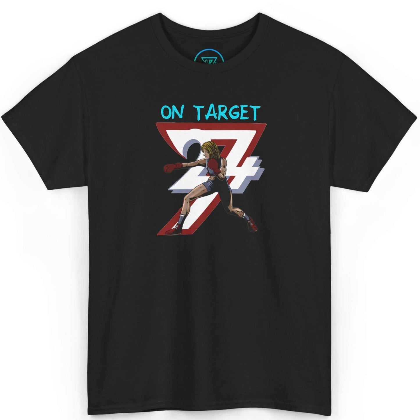 Front view of a sleek black women's boxing graphic tee showcasing the detailed DTG artwork, displayed on a clean background.