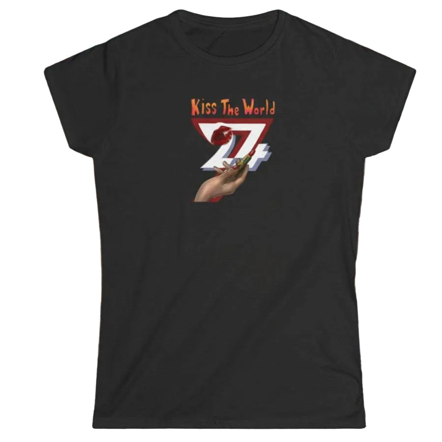 Solid black women's chic streetwear top showcasing the colorful Kiss The World lipstick graphic.