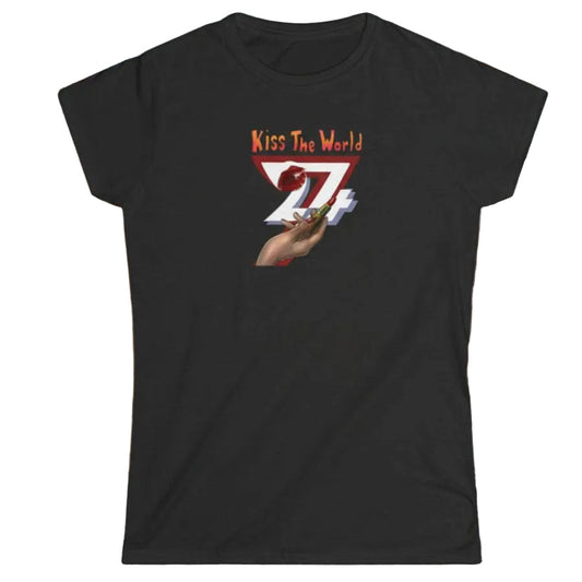 Solid black women's chic streetwear top showcasing the colorful Kiss The World lipstick graphic.