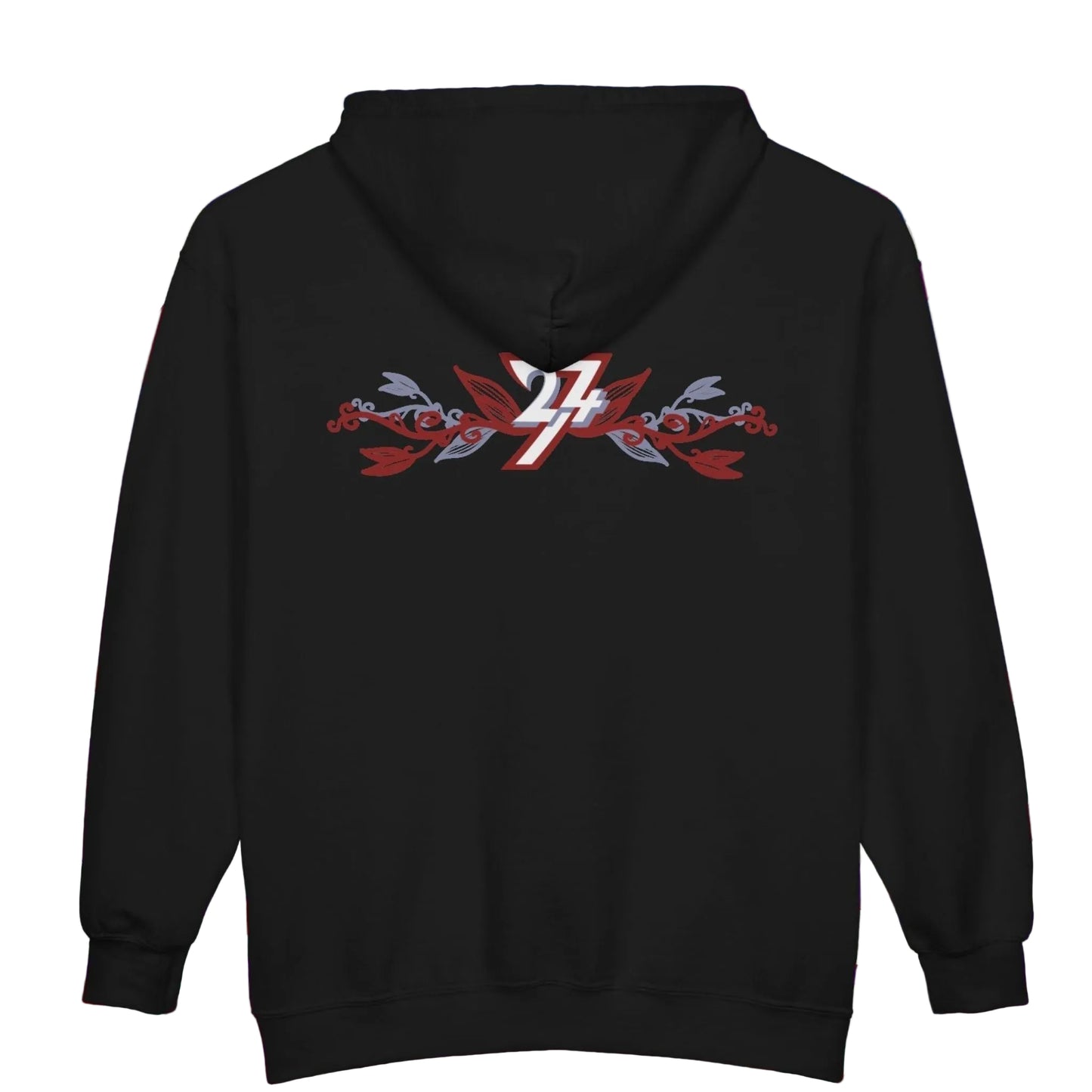 Back view of a black women's zip-up hoodie featuring a large elegant botanical floral 24/7 logo graphic.