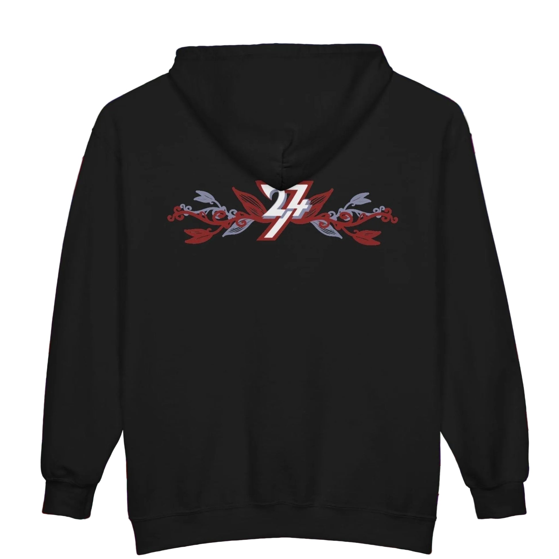Back view of a black women's zip-up hoodie featuring a large elegant botanical floral 24/7 logo graphic.