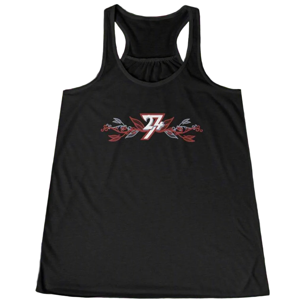 Solid black women's graphic tank top showing a beautiful flower and vine design.