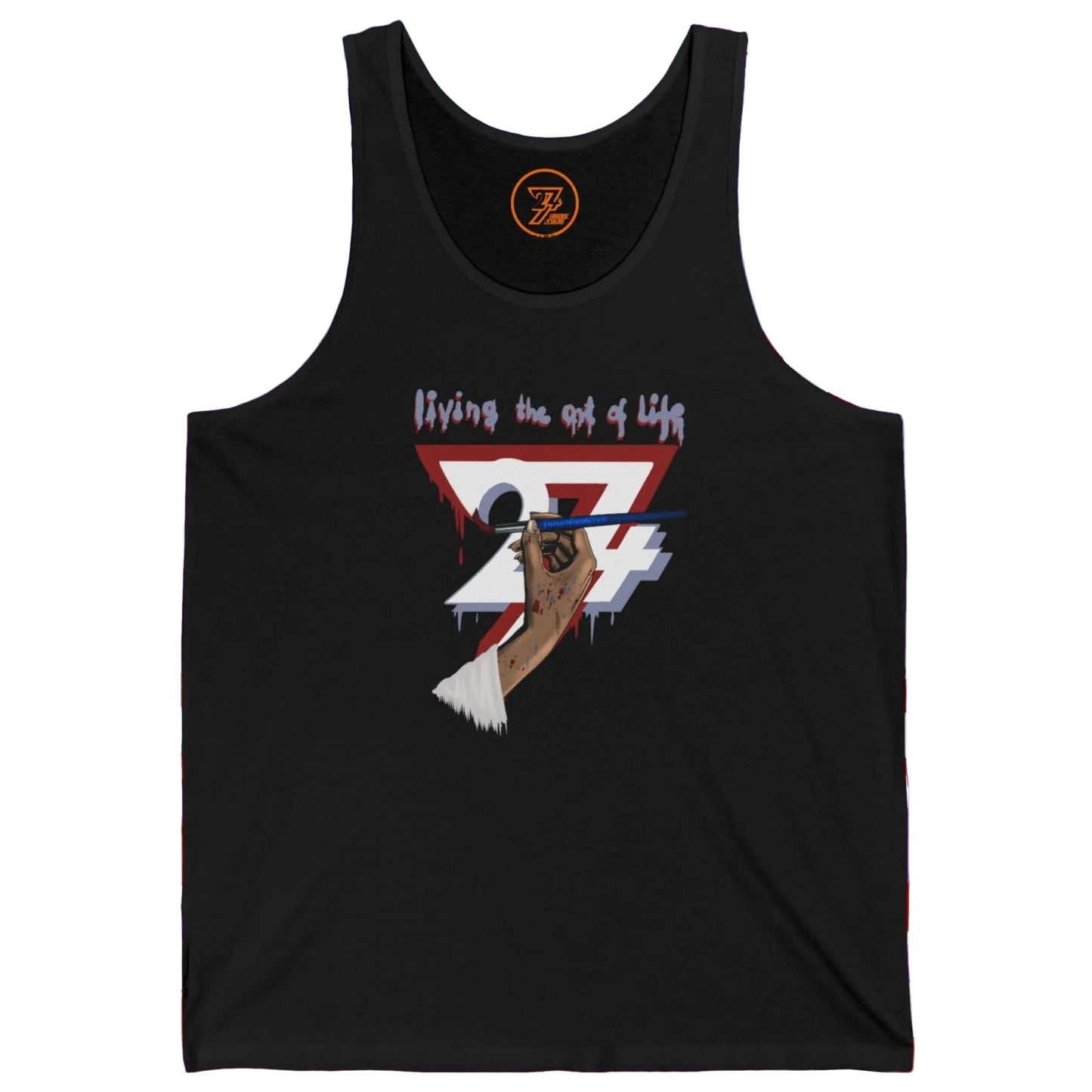 Solid black chic artist graphic shirt for women displaying a painter's hand and paint drips.