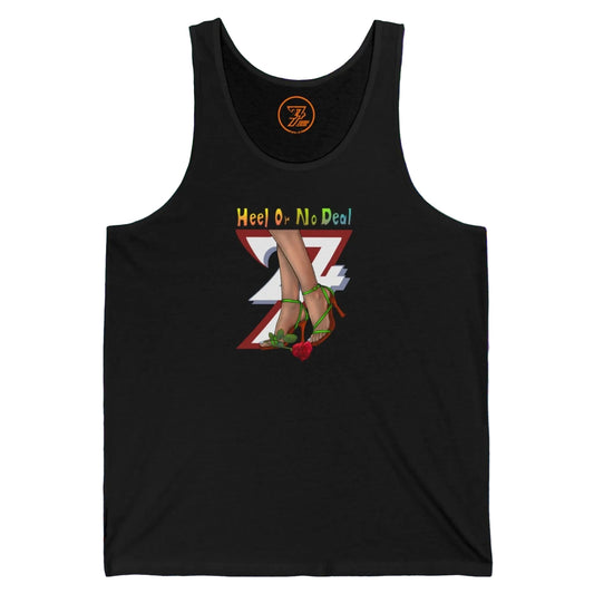 Solid black chic fashion tank top displaying a graphic with green strappy heels and a red flower.