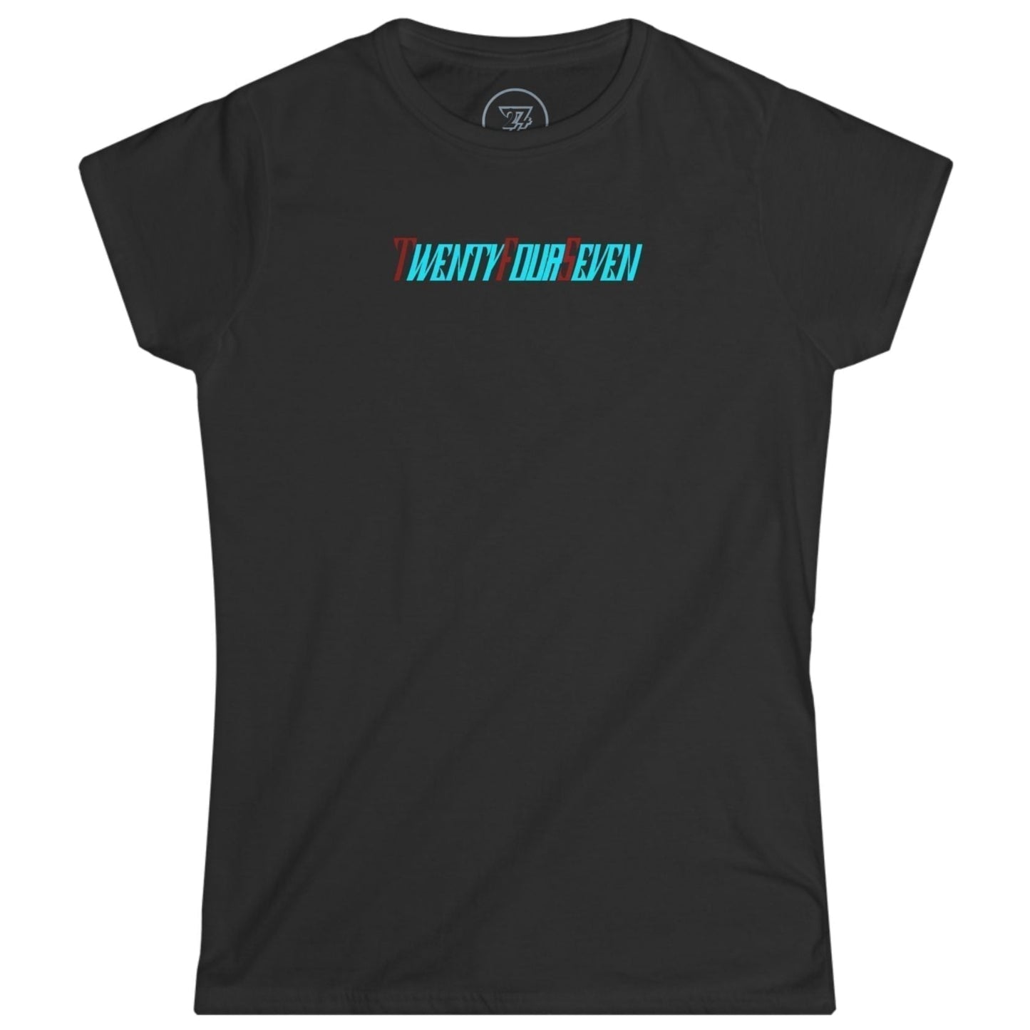 Solid black women's t-shirt front view featuring the unique, retro-stylized TwentyFourSeven text logo in multi-colors.