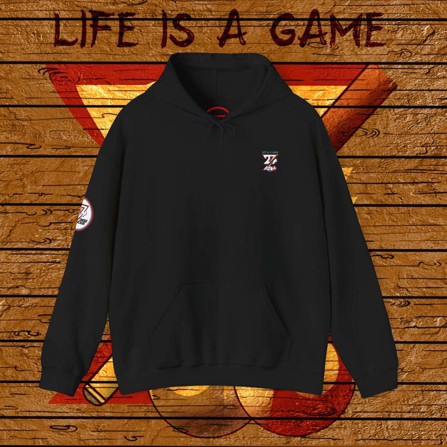 black billiard hoodie with kangaroo pocket and subtle 24/7 Unique Designs logo on wooden game background