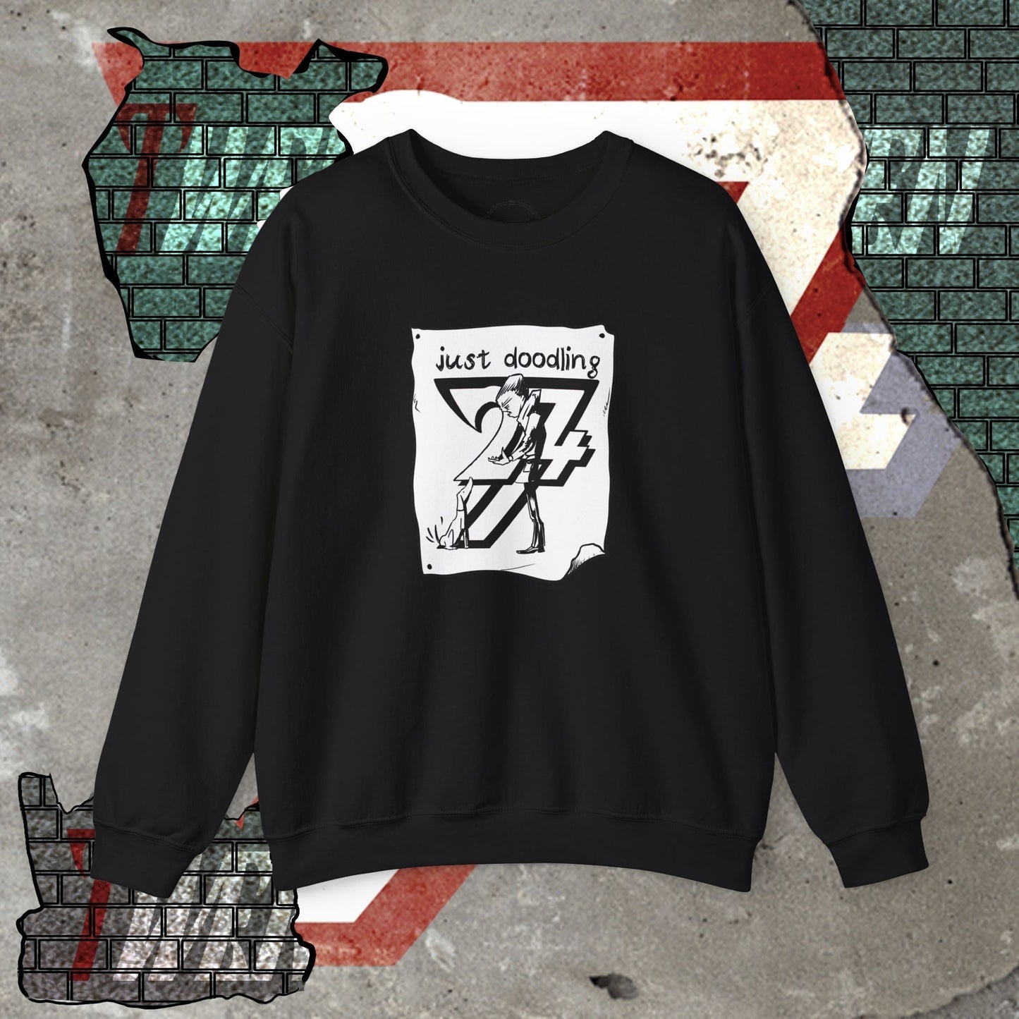 black dog illustration sweatshirt with hand-drawn cartoon design and "just doodling" text