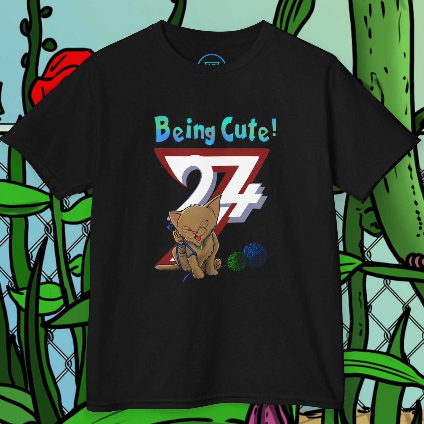 Kids T-Shirt in Black featuring the hand-drawn brown kitten and yarn illustration.