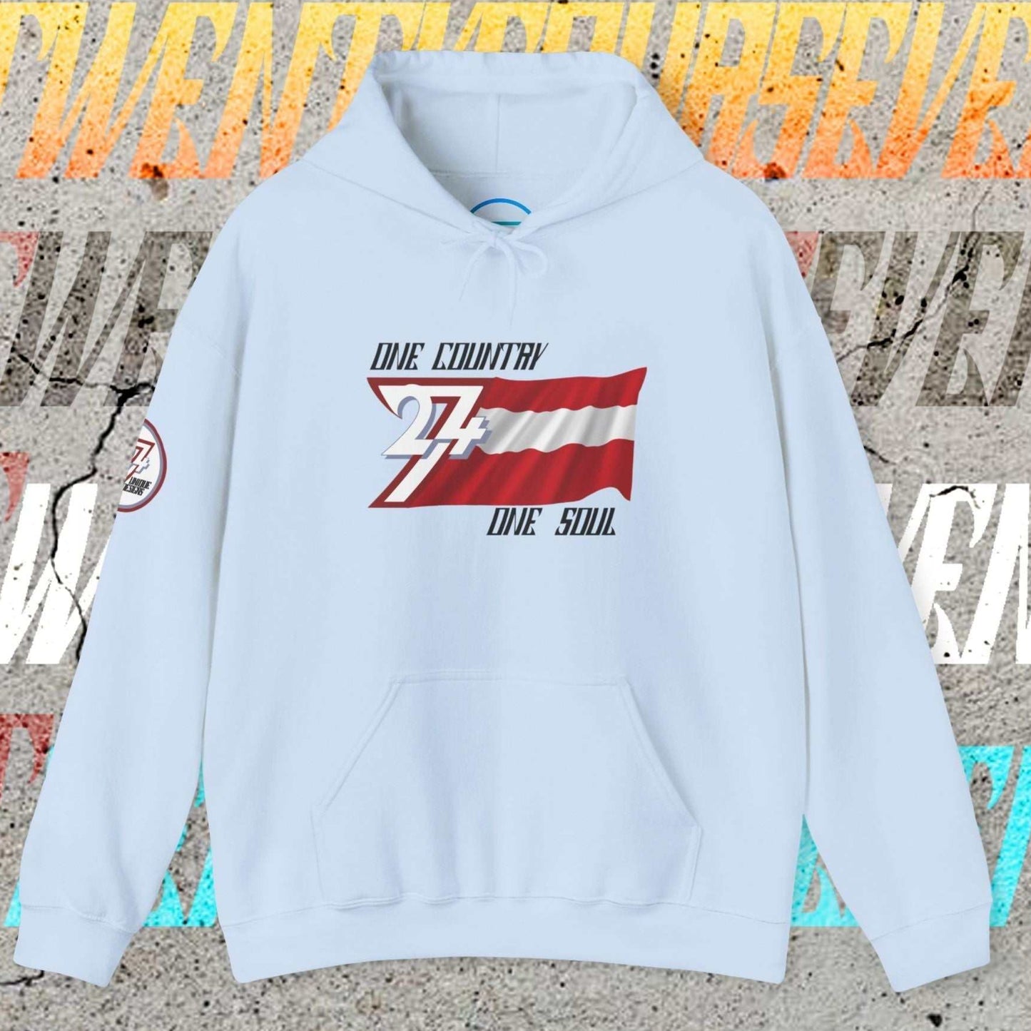 Light Pink heavyweight Austria hoodie with sophisticated hand-drawn flag lines.
