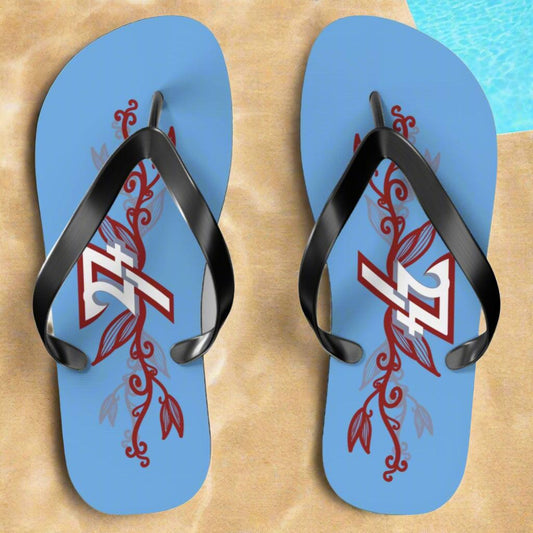 Blue Floral Flip Flops featuring hand-drawn crimson vines and the 24/7 logo.