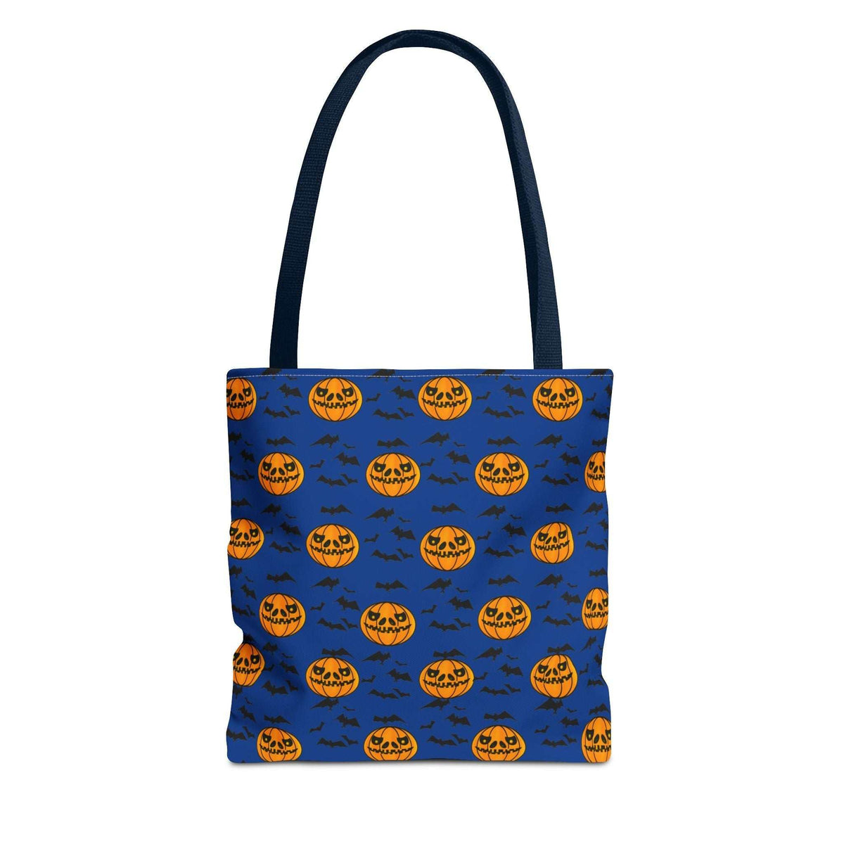Front view of the 13x13 Pumpkins and bats Halloween tote bag featuring a digitally hand-drawn repeating pattern on a blue background, displayed flat.