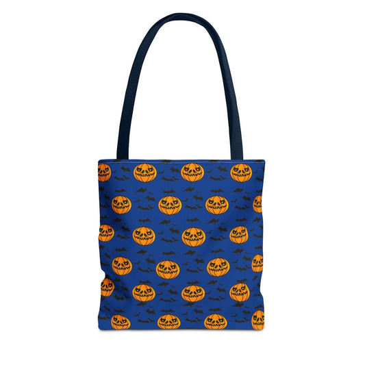 Front view of the 13x13 Pumpkins and bats Halloween tote bag featuring a digitally hand-drawn repeating pattern on a blue background, displayed flat.