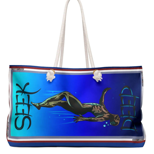 Back view of the blue Seek Deep large weekender beach bag, displaying the vibrant underwater diving graphic and sturdy cotton rope handles on a clean white background.