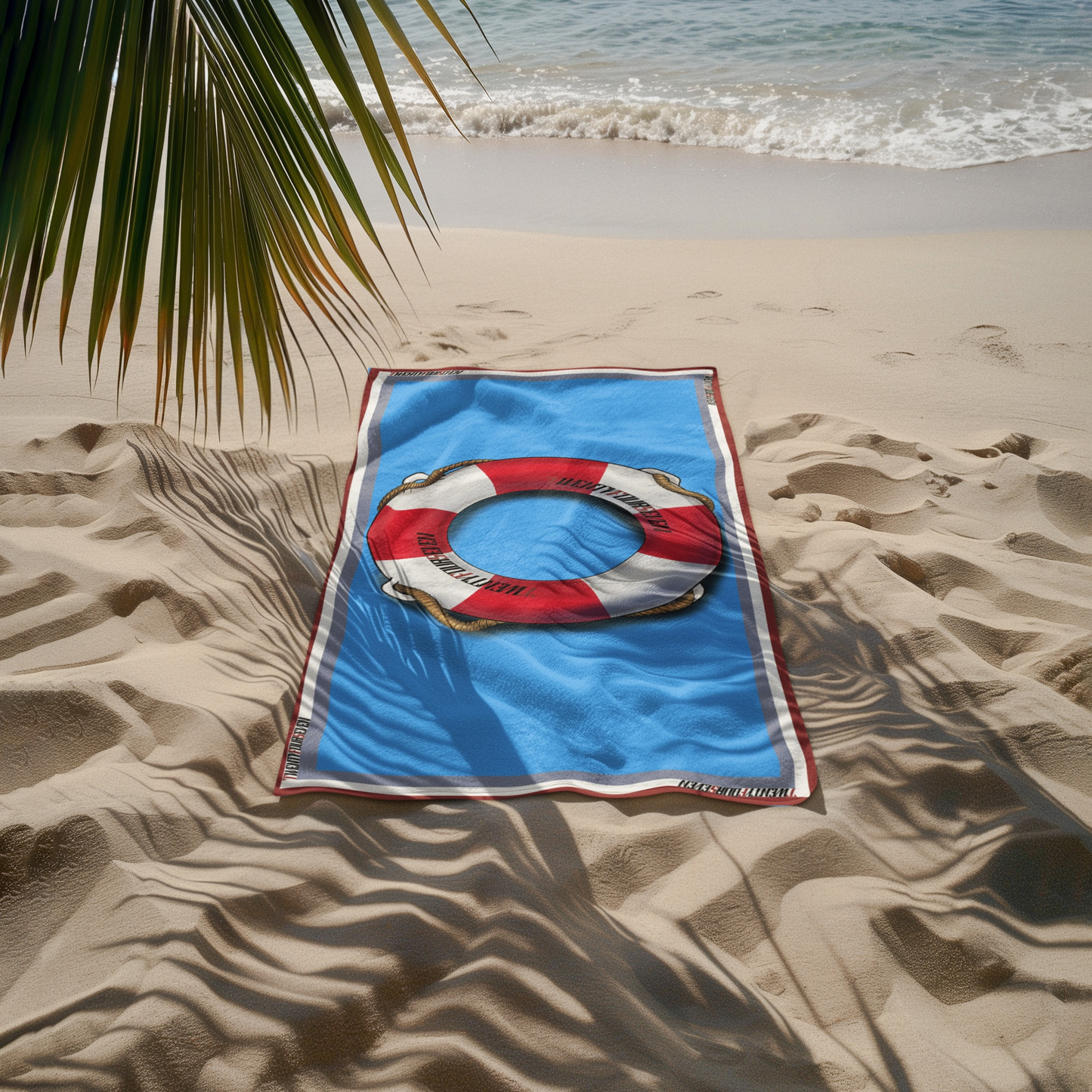 Blue beach towel featuring a red and white life preserver graphic by the water.
