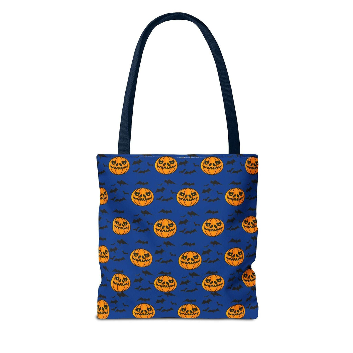 Back view of the blue trick or treat canvas bag with navy handles, showcasing the seamless all-over pumpkin and bat design.