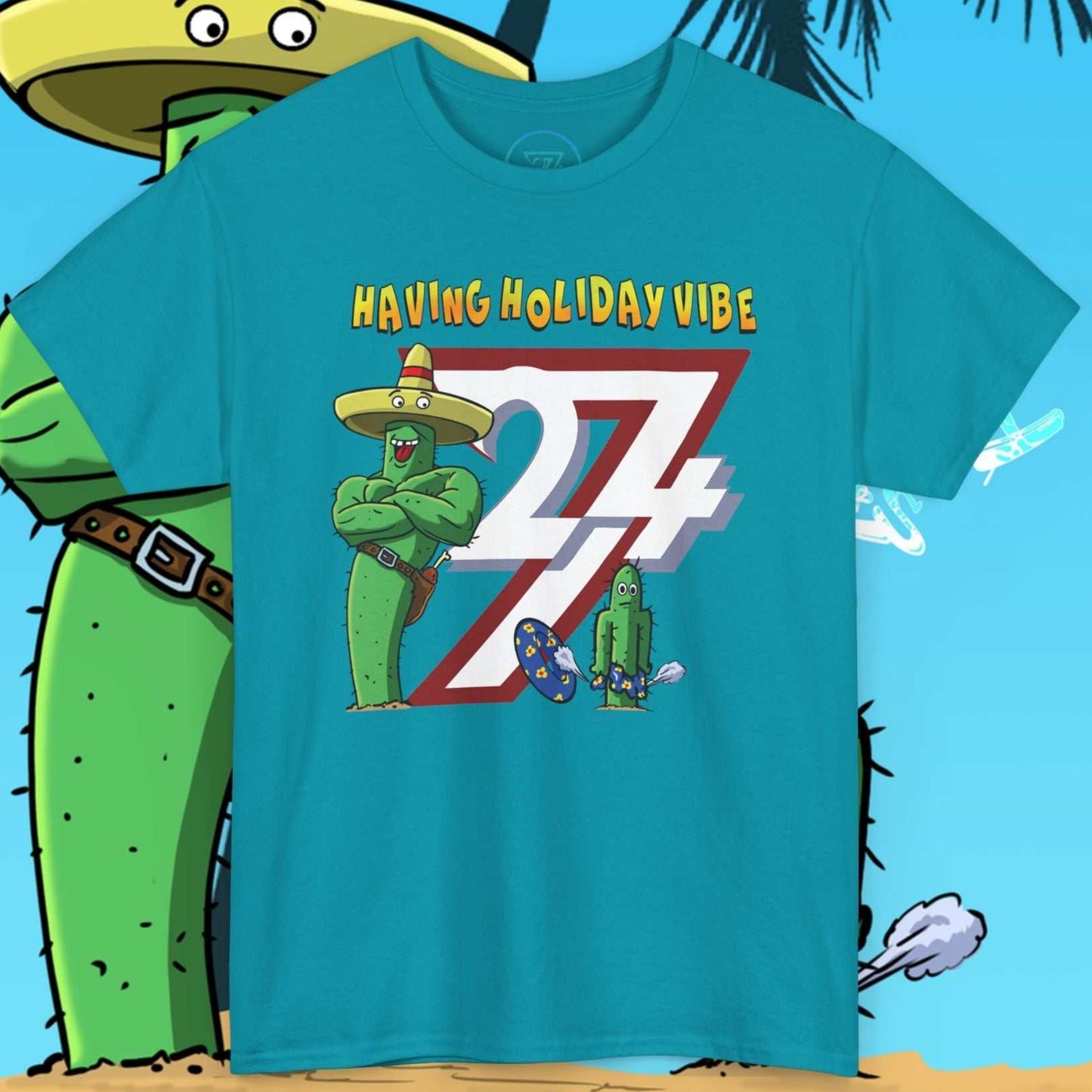 Bright blue humorous graphic t-shirt featuring a green cactus character flexing under Having Holiday Vibe text.