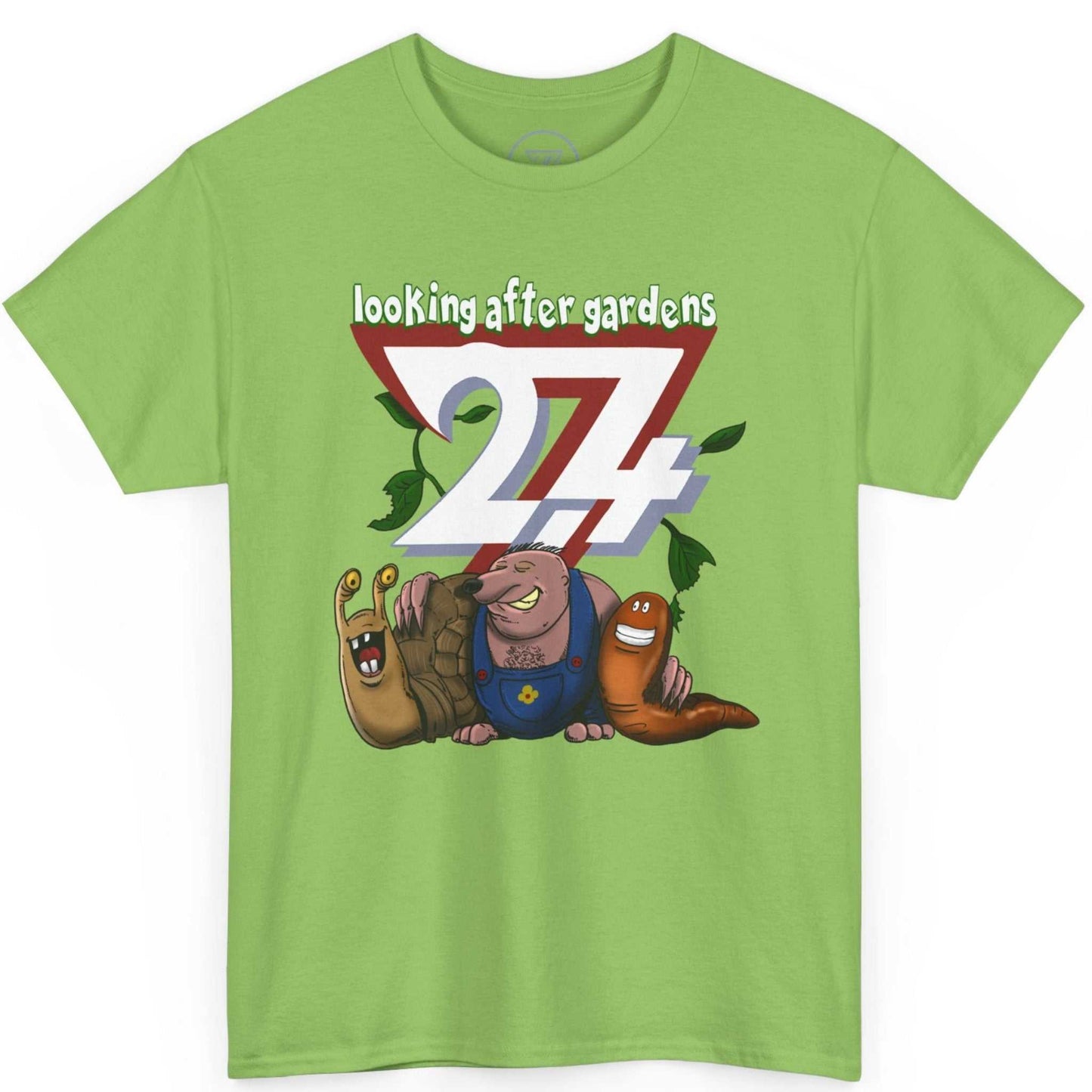 Bright green cute snail and mole shirt displaying the custom hand-drawn character art, laid flat.