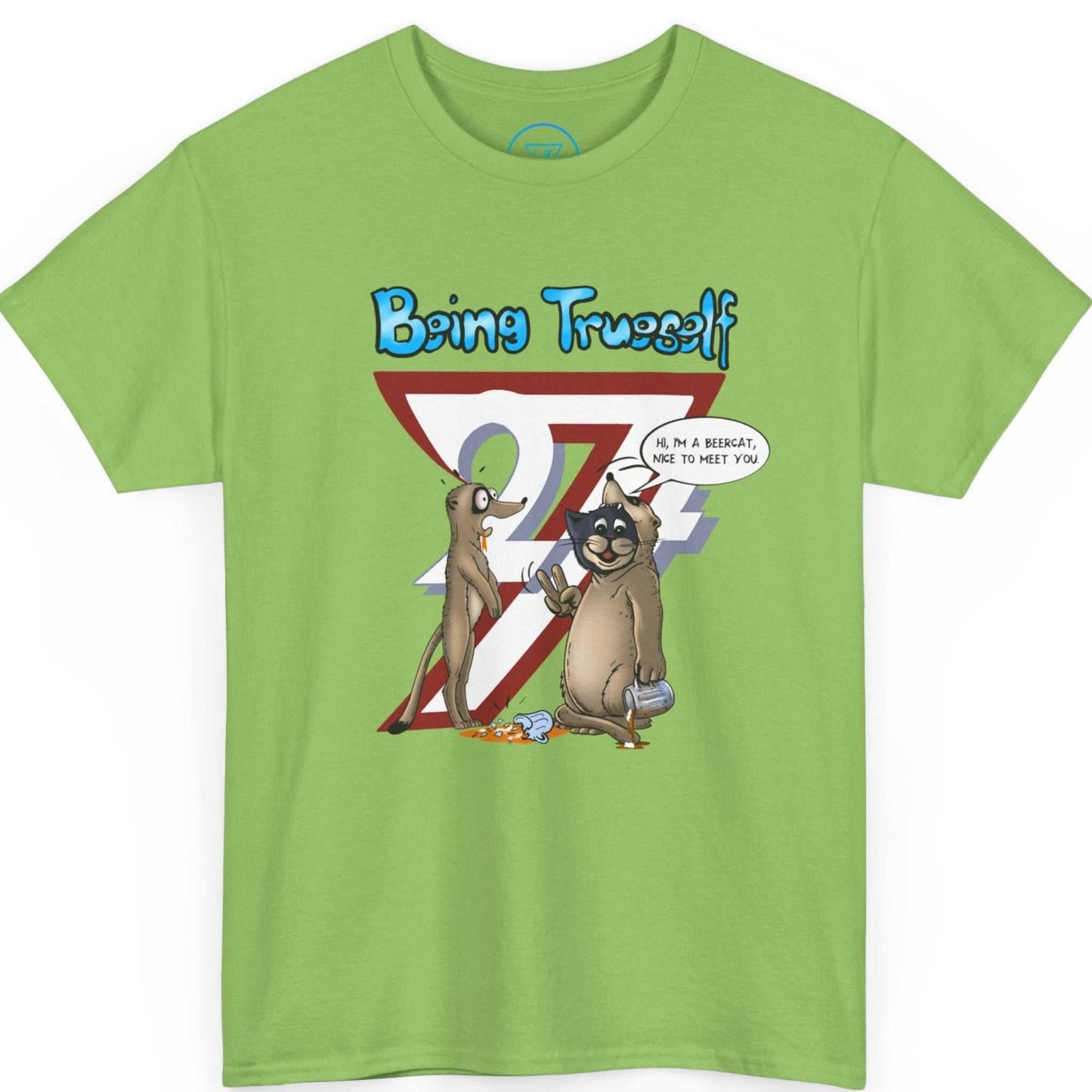 Bright green funny cat and meerkat tee showcasing the custom independent comic art, displayed on a clean background.